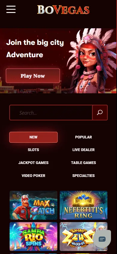 BoVegas Casino games area on a mobile device