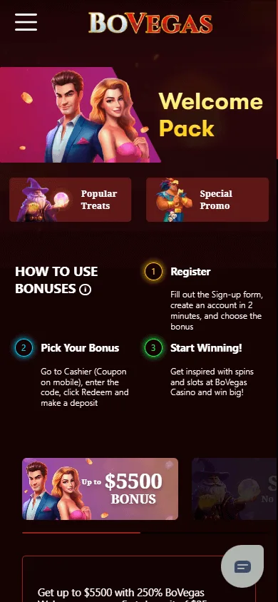 BoVegas Casino promotions area on a mobile device