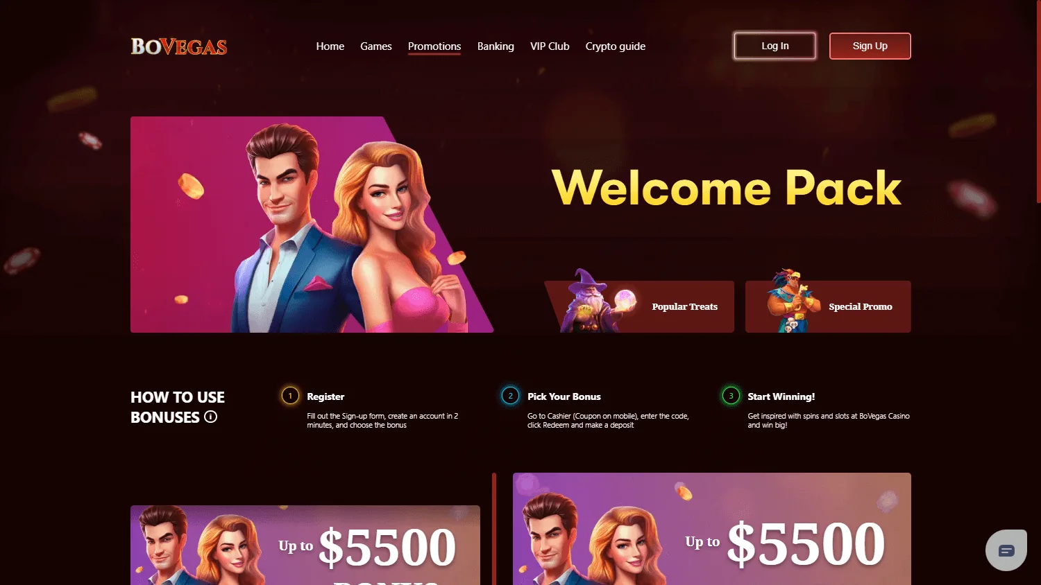 BoVegas Casino promotions area on desktop